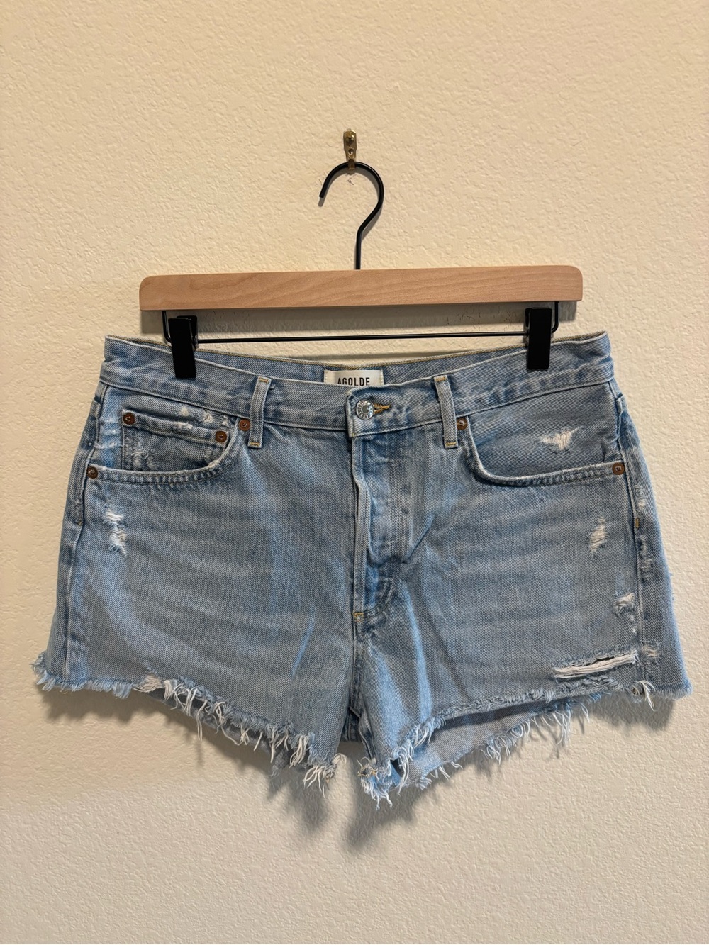 AGOLDE Light Blue Distressed Denim Parker vintage cut off Shorts